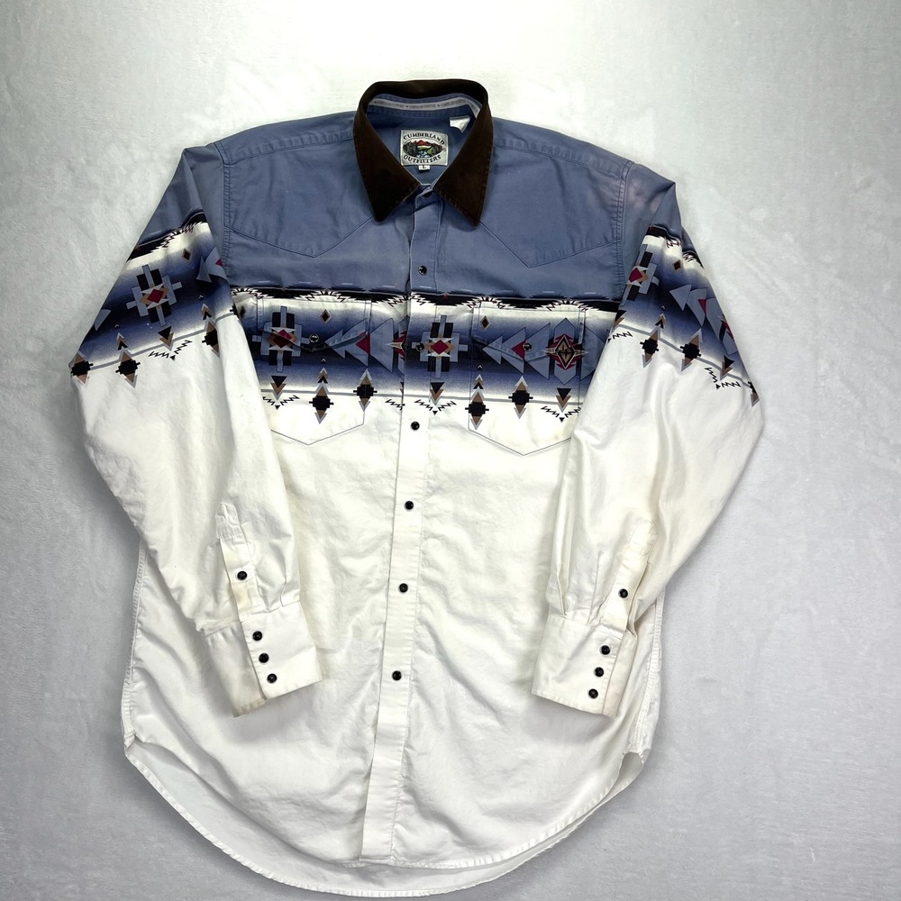 Cumberland Outfitters Western Shirt Mens L Blue Aztec Pearl Snap faded weathered